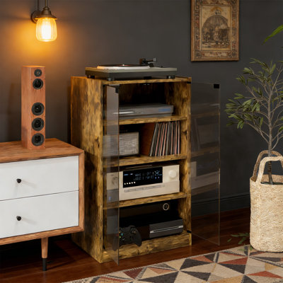 Rustic Brown 4-Tier Media Cabinet With Vinyl Storage, Adjustable Shelves, Tempered Glass Doors