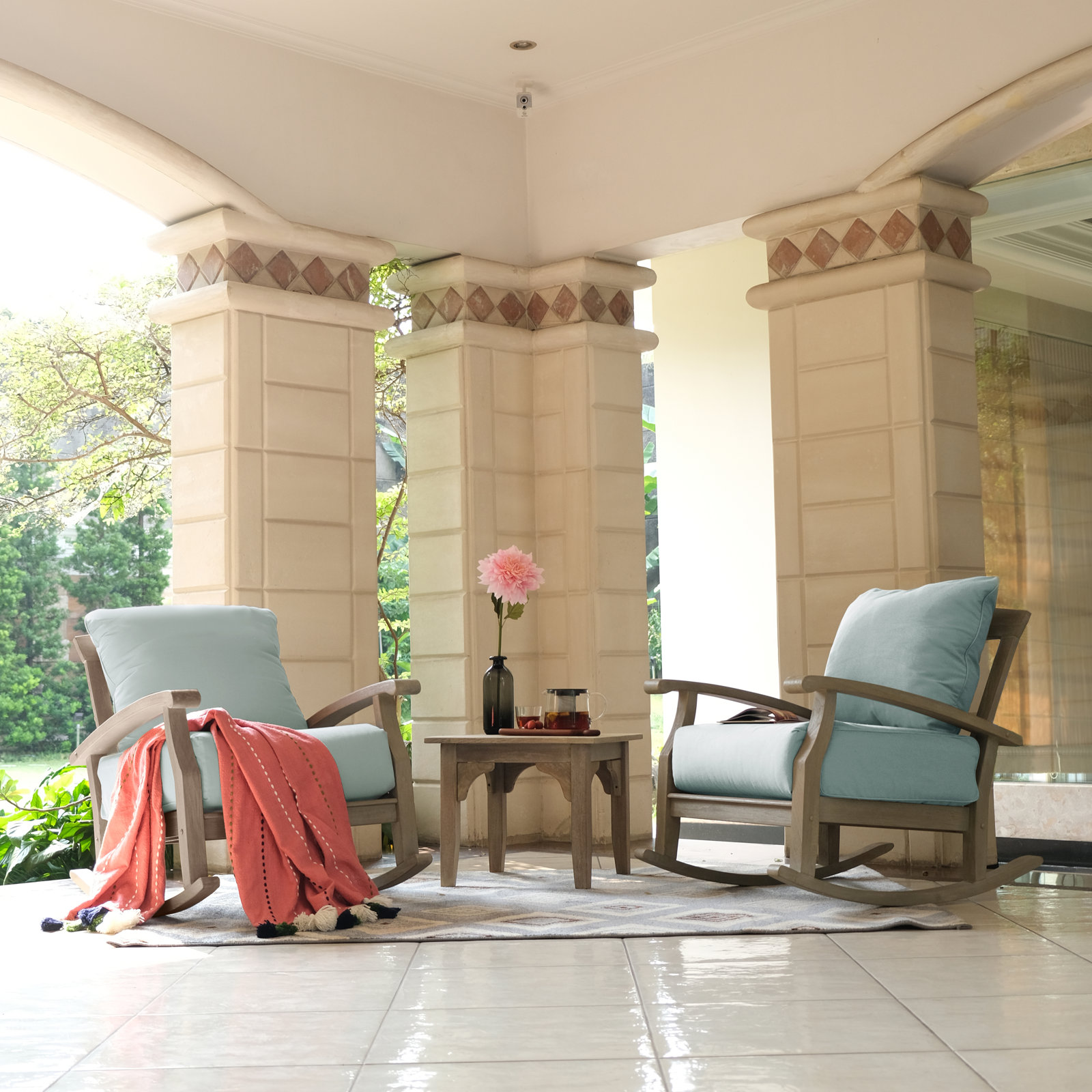 Summerton Teak Patio Rocking Chair, Blue Spruce Performance Linen, Gray