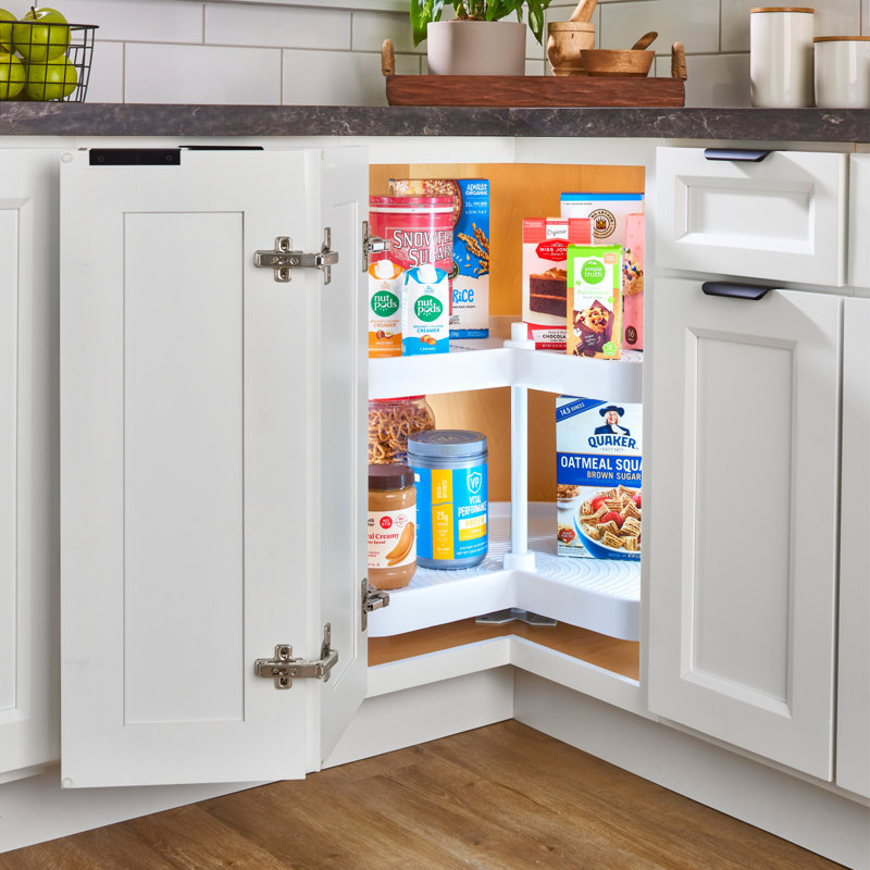 Polymer Kidney-Shaped 2-Shelf Lazy Susan for Corner Base Cabinets, 28" W, White