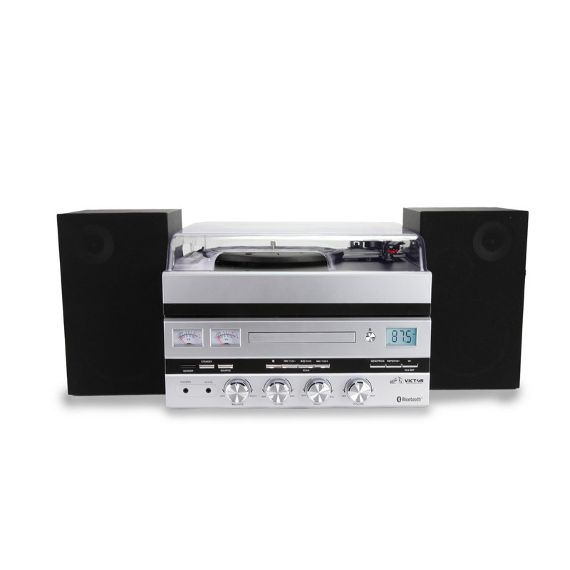 Centre de musique 5-en-1 avec tourne-disque Bluetooth, lecteur CD, radio FM et haut-parleurs séparés