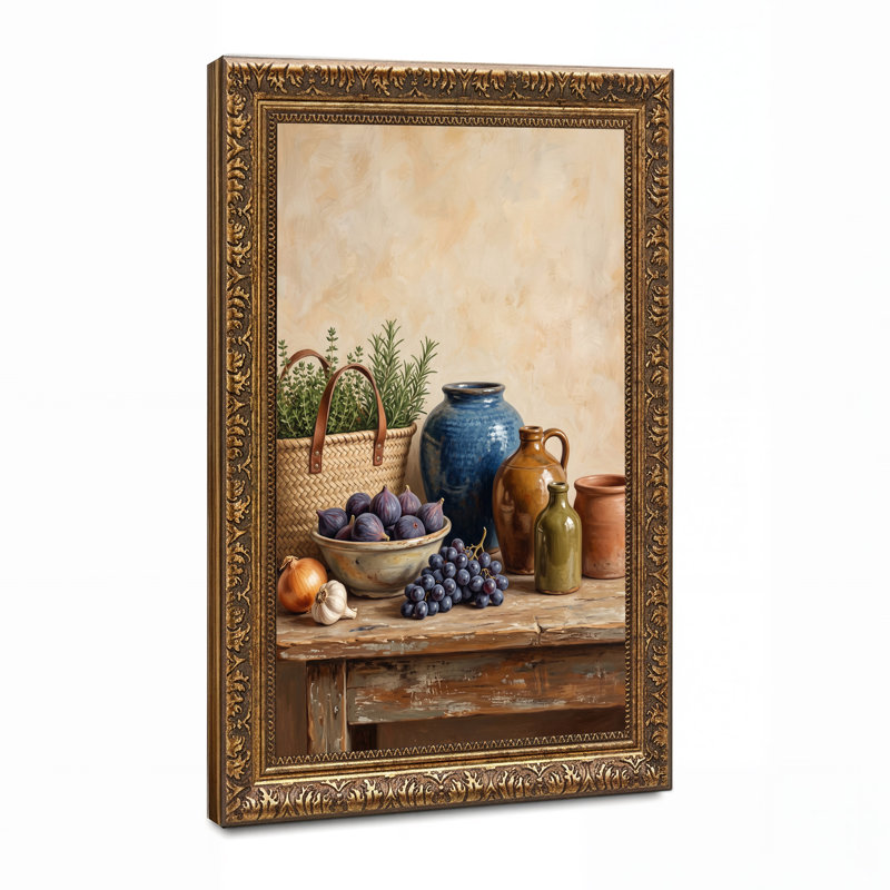 Figues violettes et raisins avec cruches en céramique sur toile de bois rustique, H 30 po x l 20 po