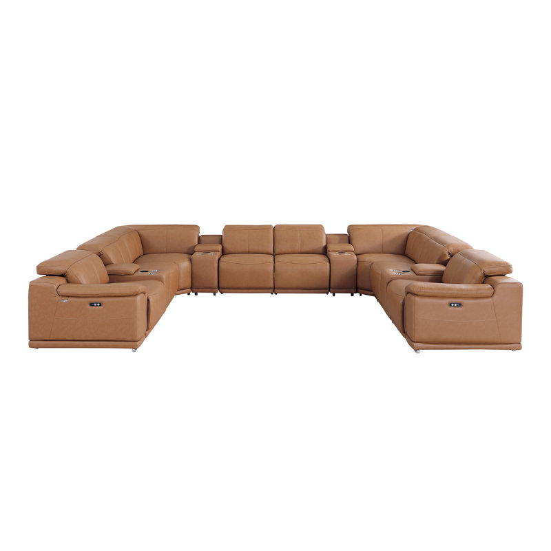 Kitanna 12 Piece 4 Power Recliner Top Grain Italian Leather Sectional, Cognac Genuine Leather