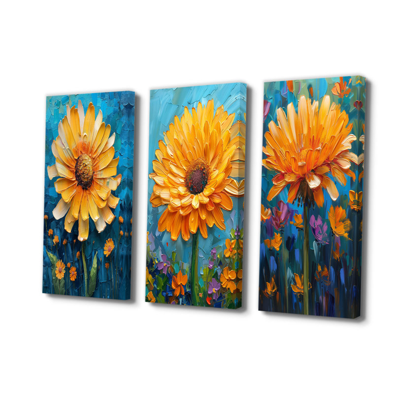 Fleur de pissenlit jaune et bleu en fleurs - Collection d'art mural traditionnel, H 28 po x l 36 po, Toile tendue