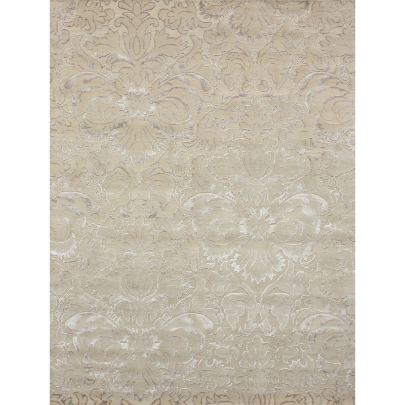 Tapis floral floral en laine / viscose crème / ivoire / argent, Rectangle 9 pi x 12 pi