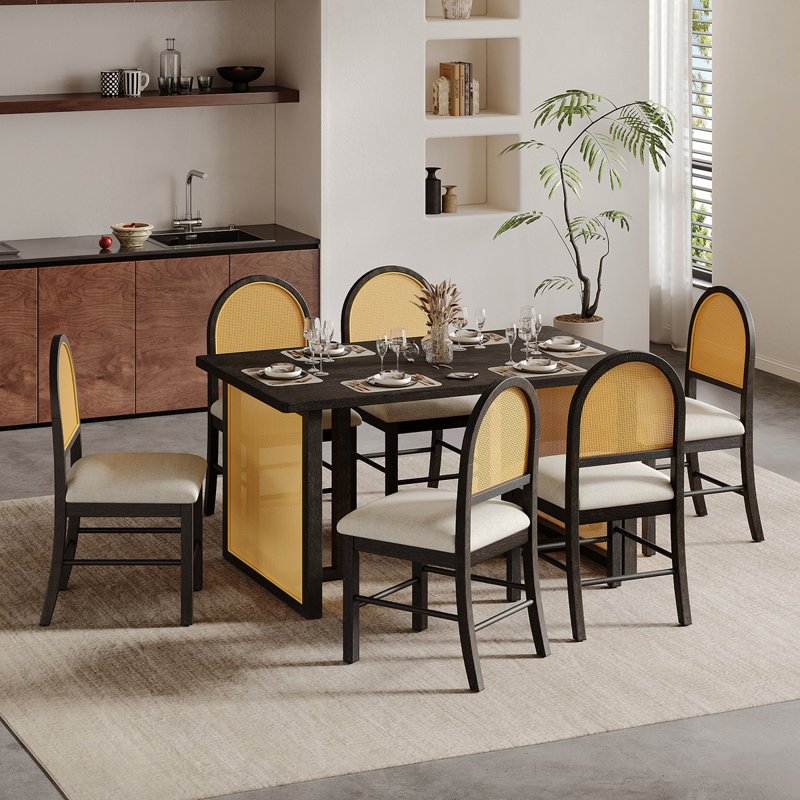 Ensemble de table de salle à manger de ferme pour salle à manger de 6 à 59,8 po avec placage de chêne vieilli et 6 chaises en rotin, mobilier de cuisine rustique pour la salle à manger (espresso) TREXM