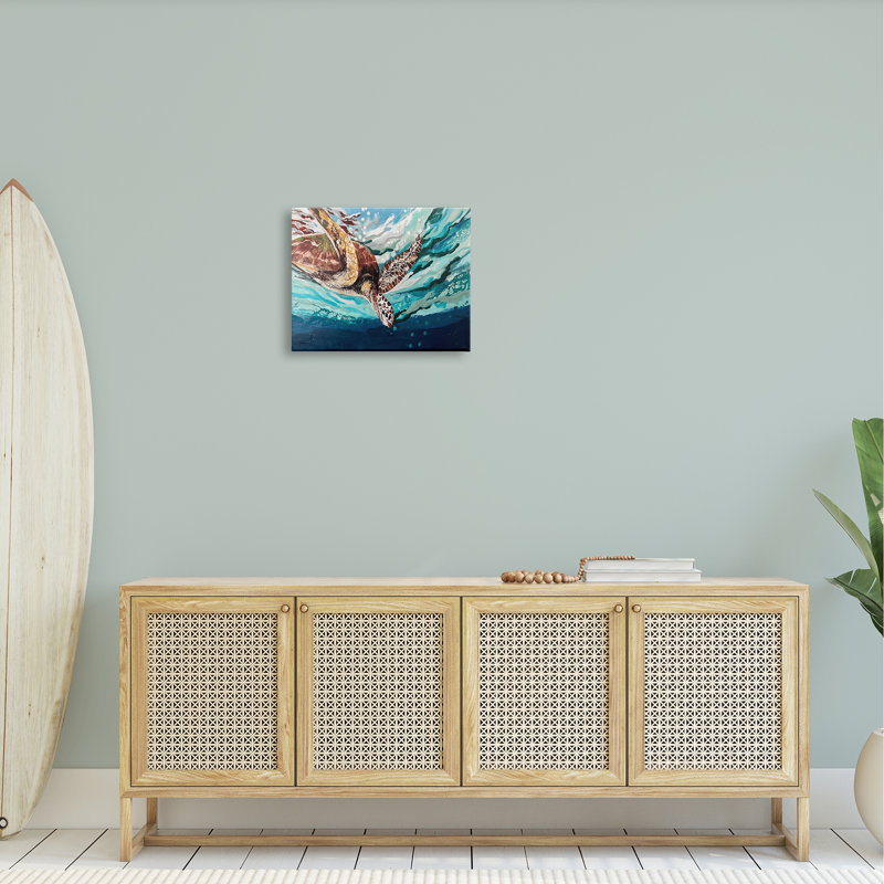 «Splashing Sea Turtle Diving Under Ocean Surface» par Stacy Gresell - Peinture, Toile tendue, H 16 po x l 20 po x P 1,5 po