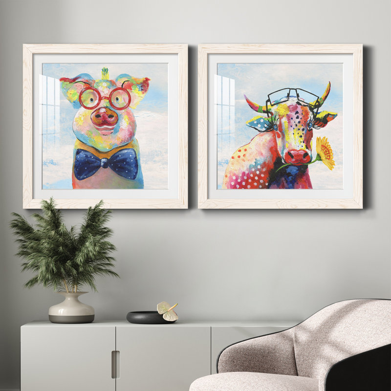 Groovy Pig and Sky - ensemble de 2 peintures, Papier encadré blanc, H 71 po x l 71 po x P 1,5 po