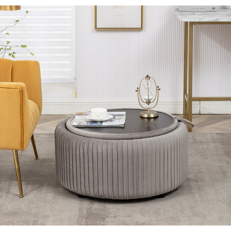 Savinien Upholstered Round Storage Ottoman, Gray Velvet