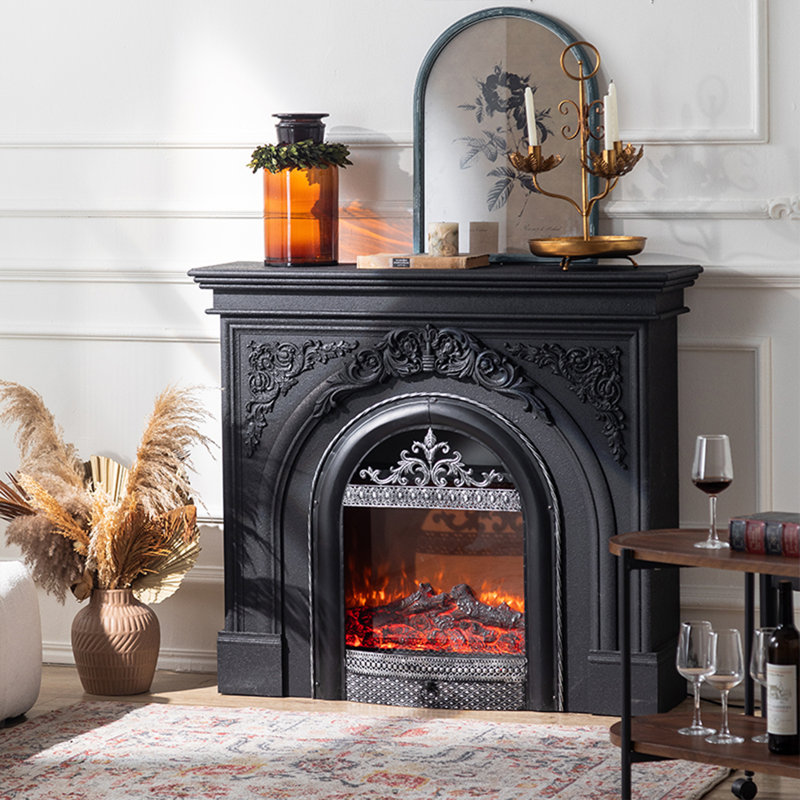 45.67"Retro Carved Simulated Flame Electric Fireplace Heater, Black