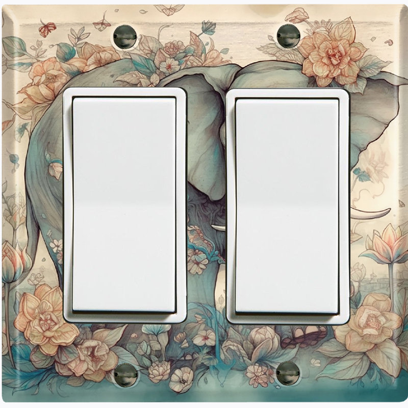 Metal Light Switch Plate Outlet Cover (Cute Baby Elephant Flowers Pink - Double Rocker)