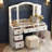 Large White Vanity Desk with Tri-Fold Lighted Mirror, Makeup Vanity Table with Built-in Power Outlets, Hair Dryer Rack, Glass Top & 5Drawers