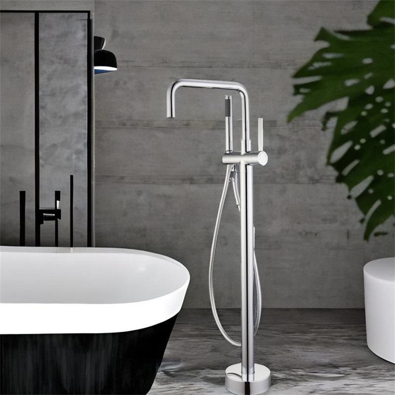 Robinet de baignoire à fixation au sol avec douche à main, Argenté