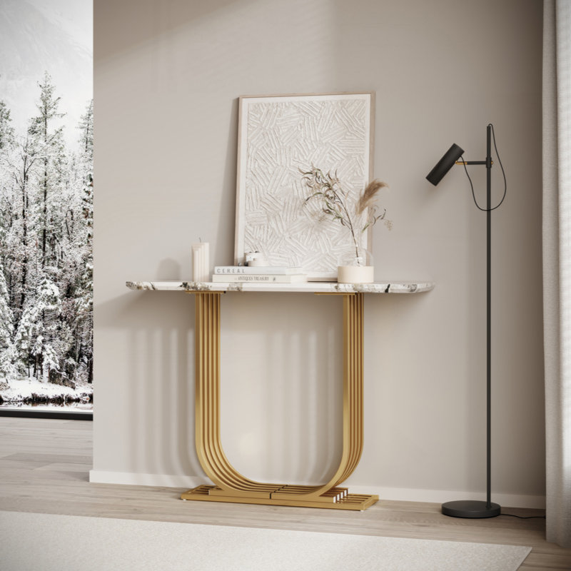 43.3-Inch Accent Table, Console,  Modern Wooden Imitation Marble Counter Top Console Table, Narrow Type, Sofa, Living Room, Bedroom