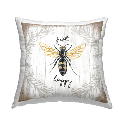 Just Be Happy Charming Rustic Bee Pun Decorative Printed Throw Pillow By Elizabeth Tyndall