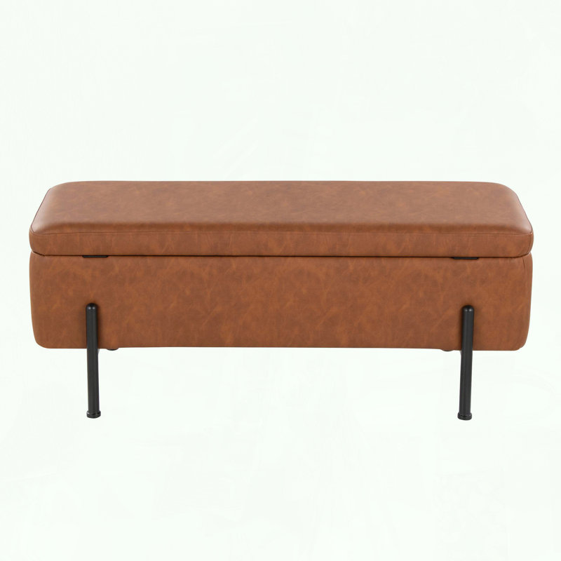 Contemporary Storage Bench with Black Steel and Camel Faux Leather