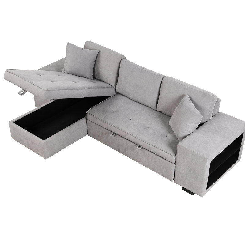 Canapé-lit réversible en L 3 places avec méridienne de rangement et 2 tabourets, 265 cm, gris, canapé d'angle 265 cm, tabourets