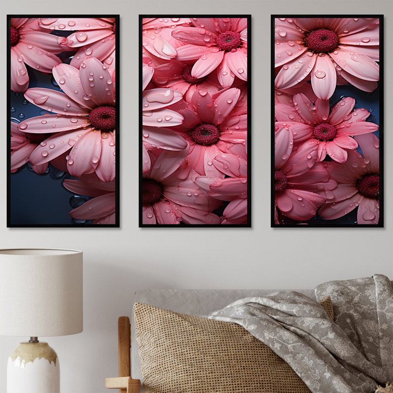 «Pink Daisy Bloom Harmony II - Daisies», ensemble d'art sur toile, H 32 po x l 48 po x P 1 po, Cadre flottant noir