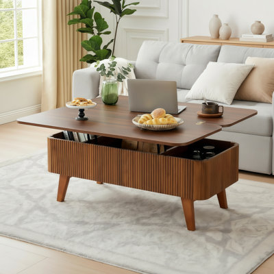 Walnut-Colored 3-In-1 Height-Adjustable Coffee Table (Partially Assembled), Oval-Shaped Wooden Table With Grooves, Can Be Rotated Into A Dining Table + Storage Space, Suitable For Living Rooms / Offices / Small Spaces.