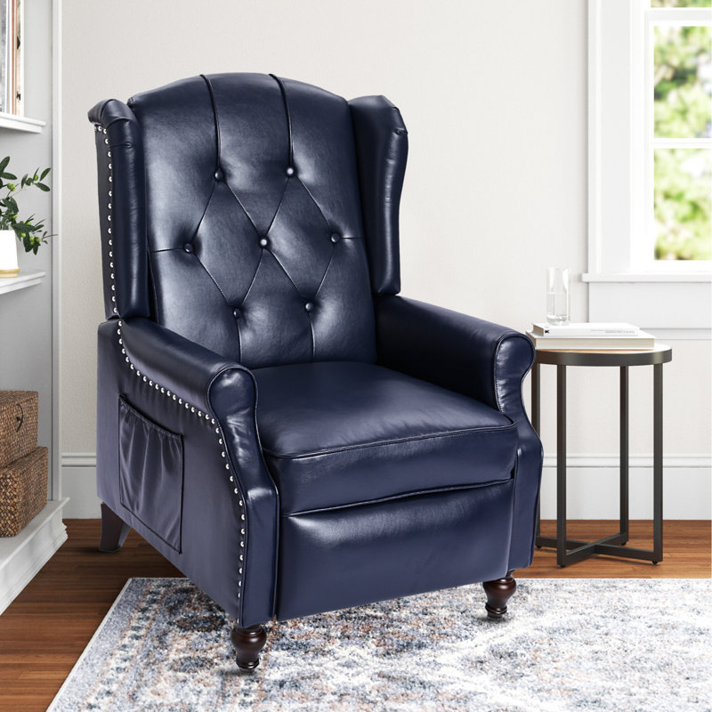 Zelma Upholstered Push Back Recliner w/ Vibratory Massage & Heating Function, Navy Faux Leather