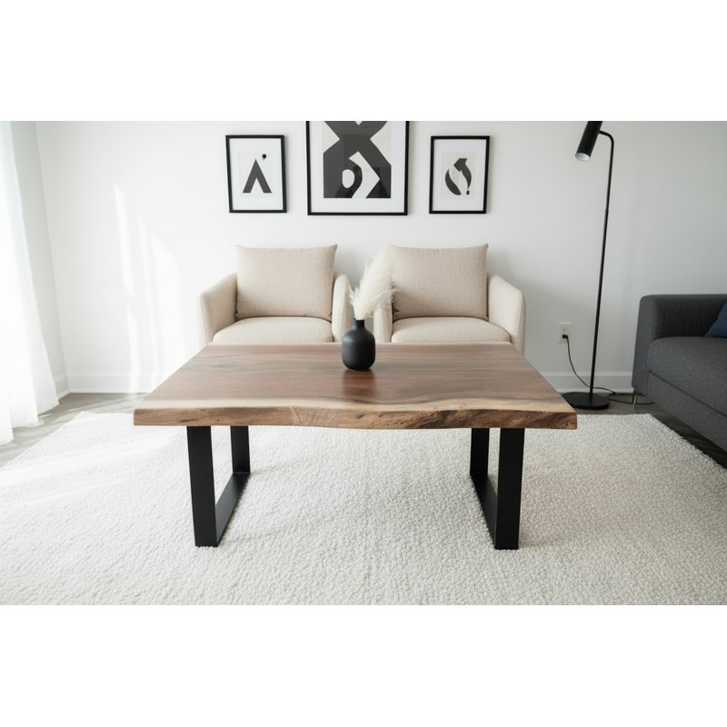 Customizable Rustic Live Edge Walnut Hardwood Coffee Table, 24", 30", Black Metal Square Tube - 16"