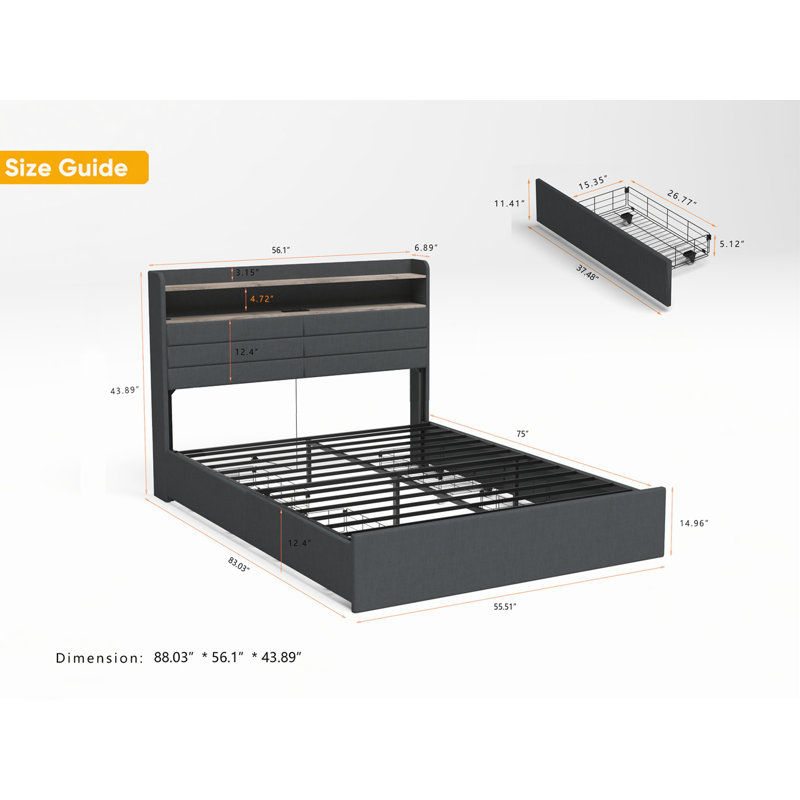 Upholstered Platform Full Size Bed Frame, Full