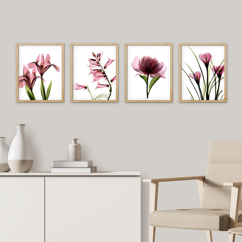 Radiographie de fleurs botaniques roses en gros plan sur papier, impression de 4 pièces, Naturel, H 14 po x l 11 po