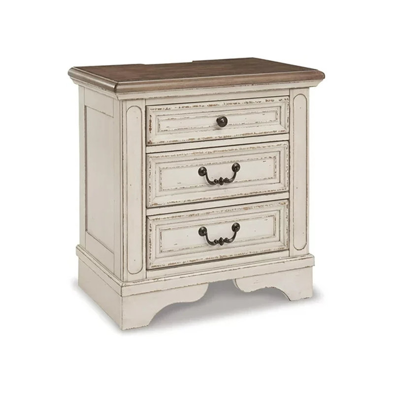 Chipped White & Distressed Wood 3-Drawer Nightstand with USB Ports