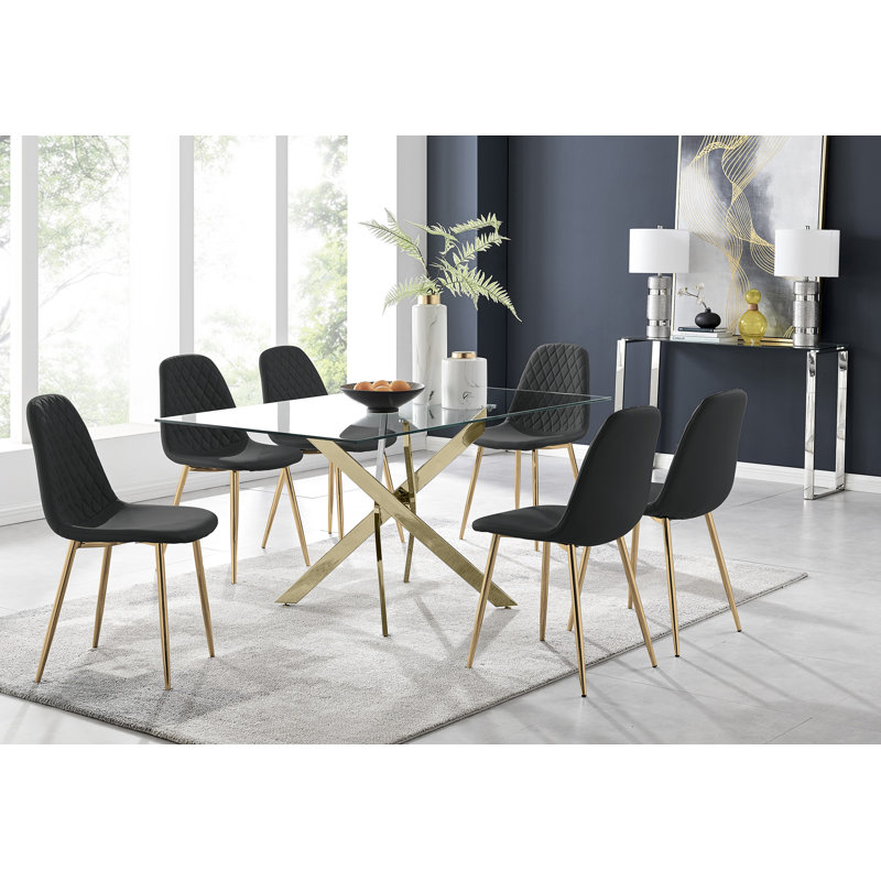 Lenworth Modern Metal and Glass Dining Table Set 6 Faux Leather Dining Chairs, Black/Gold