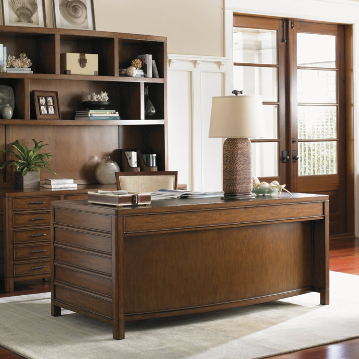 Transitional Brown Hickory Home Office Desk with Leather Top