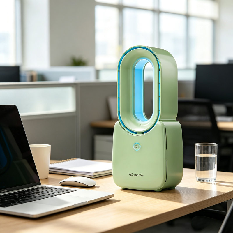 Ventilateur de bureau sans lame avec éclairage ambiant à DEL à commande tactile 5 couleurs, adapté au ventilateur de bureau silencieux et rechargeable USB pour les bureaux de chambre à coucher et de bureau
