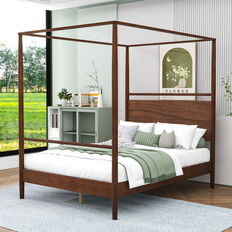 Lit plateforme à baldaquin en bois avec tête de lit, Double