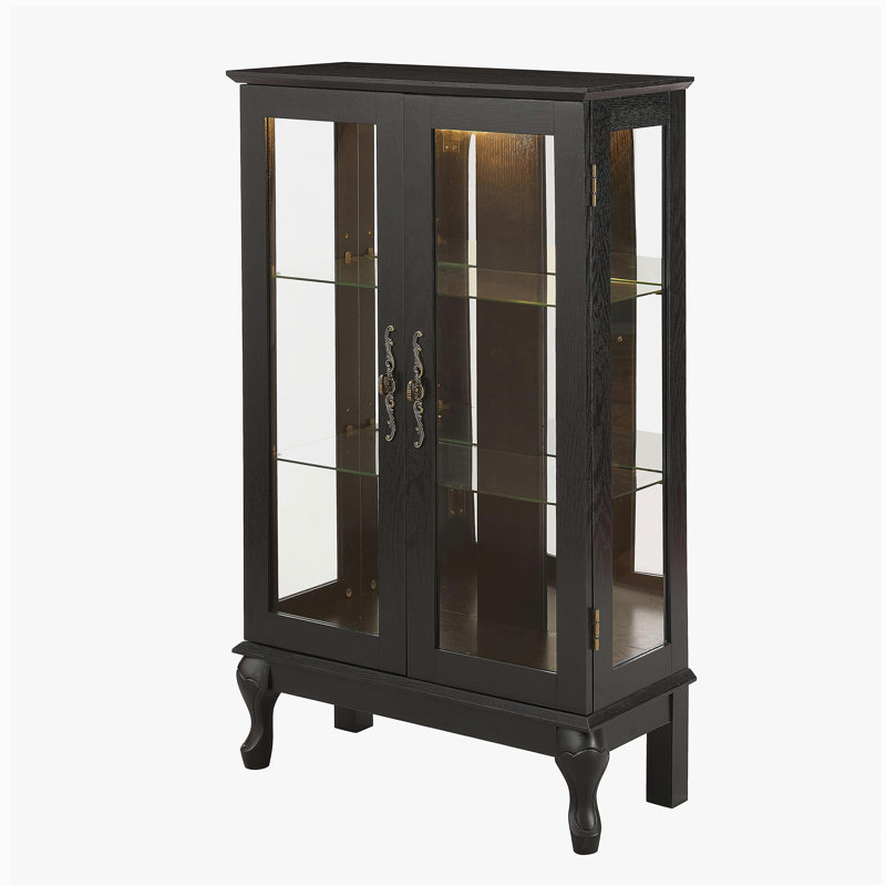 Vitrine avec portes en verre trempé, vitrine éclairée avec panneau arrière en miroir et tablettes réglables parfaites pour la maison ou le bureau (ampoule incluse) - Noir