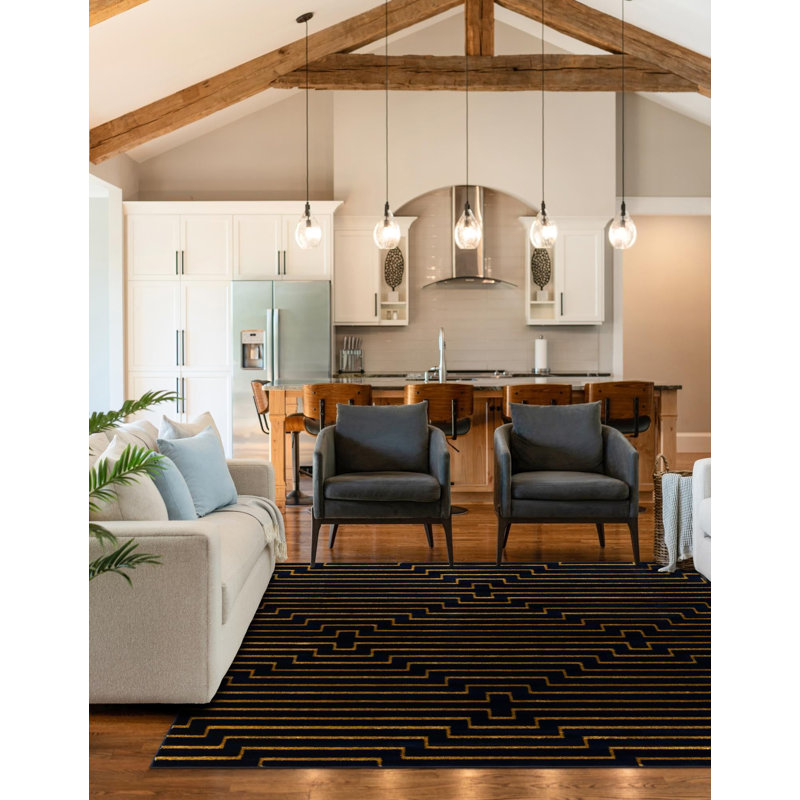 Tapis contemporain bleu marine et doré Omotayo, Carré 7 pi 10 po
