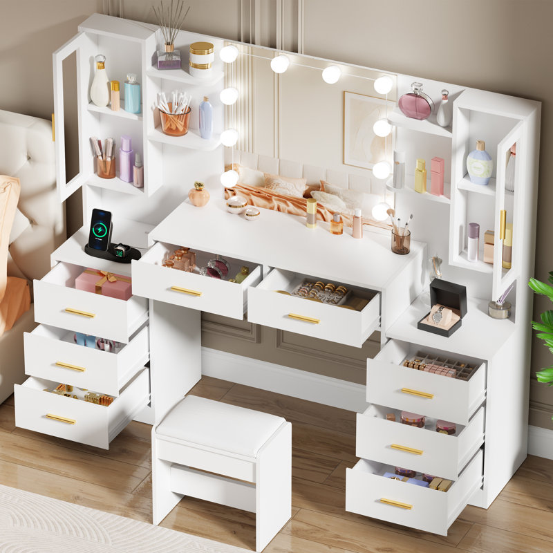 Adriel 59.1" Large Vanity Desk Table With Mirror & Lights, Power Outlet And 8 Drawers 2 Cabinets