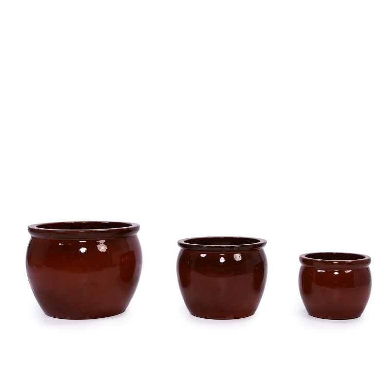 Lot de 3 pots de fleurs modernes en céramique orange pour terrasse, jardin, rebord de fenêtre. Finition brillante, résistante aux intempéries et munie d'un trou de drainage.