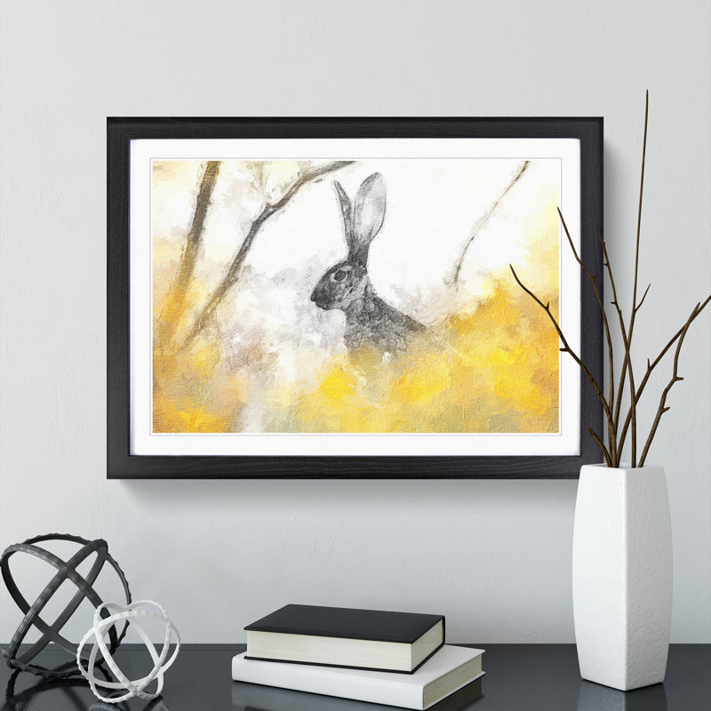 FRM-B-1275X The Alert Hare in Yellow - Picture Frame Painting, 27cm H x 36cm W x 2cm D, Black Framed
