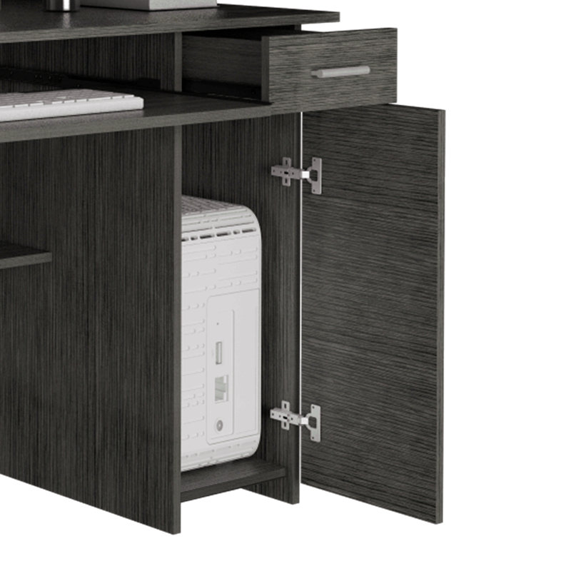 Two Writing Computer Desk, Hutch, Single Drawer And Cabinet, Six Shelves, Dark Gray