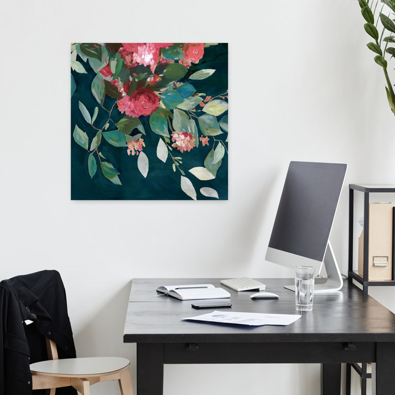 «Blossoms On Deep Green Canvas II», art mural contemporain abstrait, H 18 po x l 18 po