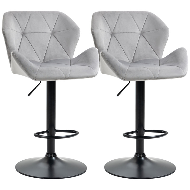 HOMCOM Set Of 2 Luxurious Velvet-Touch Bar Stools Metal Frame Footrest, Grey