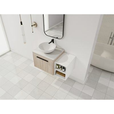 Meuble-lavabo flottant de conception moderne avec lavabo d'art en céramique, dalle de pierre plate blanche et petites tablettes de rangement, porte à fermeture douce, ensemble KD
