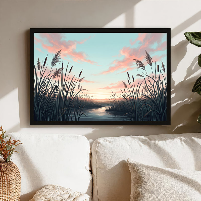 «Tall Cattails and Reeds Against Pink Sunset Sky», art mural sur toile, H 16 po x l 24 po