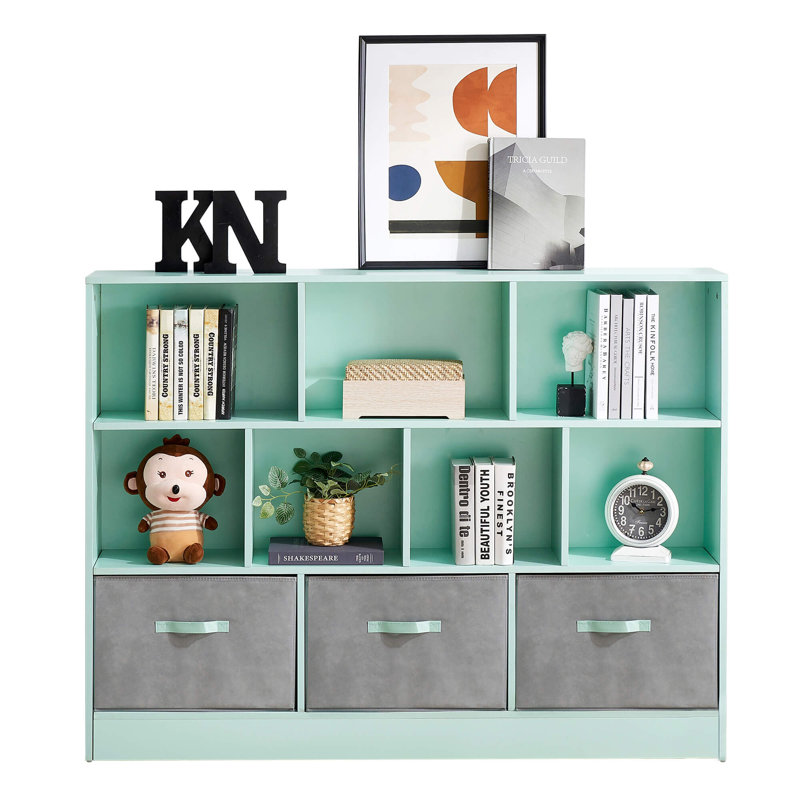 3-Tier Storage Bookcase, 10 Cube Open Shelves with Fabric Drawers,Wood Display Cabinet
