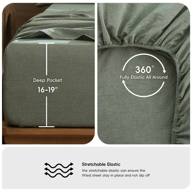 Drap-housse MooMee 100% coton lavé extra profond, Très grand lit, Vert bruyère