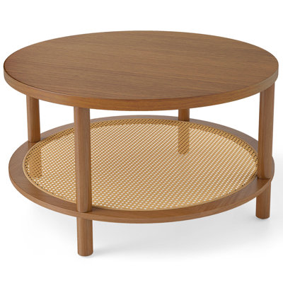 2-Tier Rattan Coffee Table,with Wood Veneered Top and Solid Rubber Wood Legs Walnut