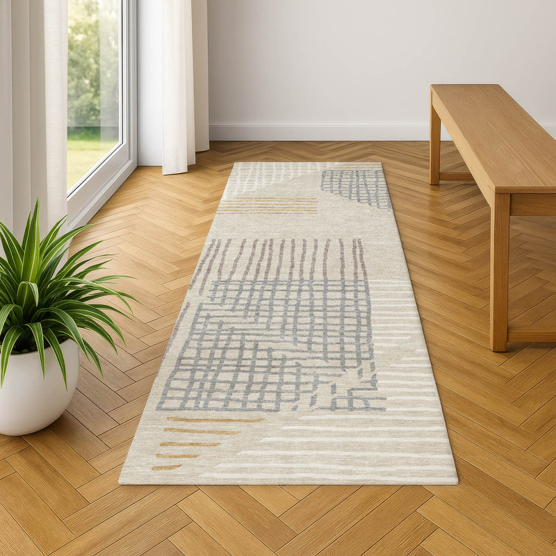 Premium Machine Washable Mayfield AMF2270 Striped Rug, 2'3" x 7'6" Runner, Beige