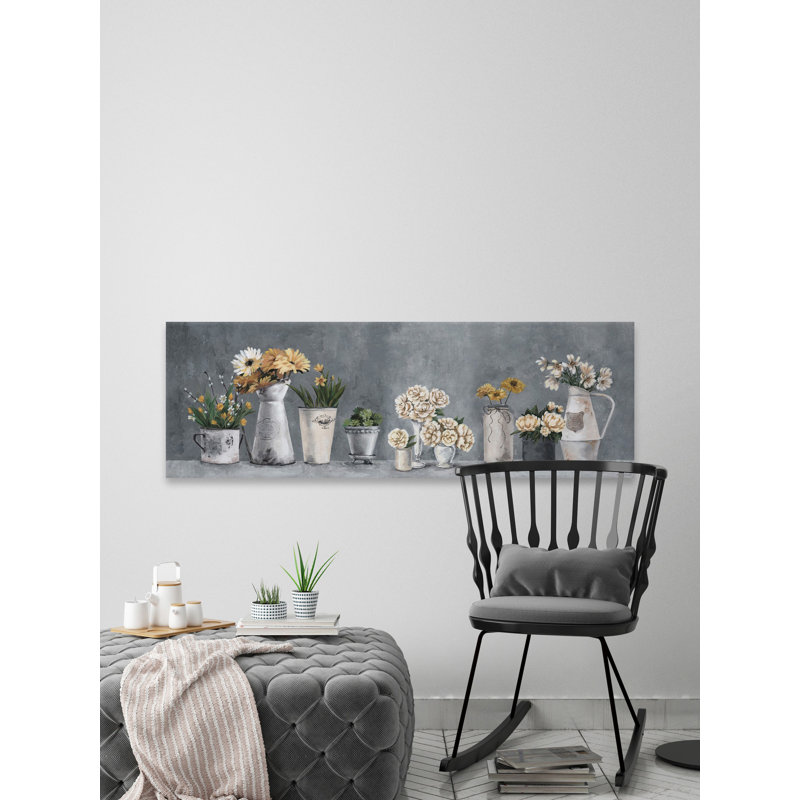 Rustic Gray Canvas Wall Art with Peach and White Flowers, 20" x 60"