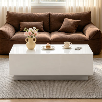 High Gloss White LED Lift Top Coffee Table with Hidden Storage Compartment & Side Drawer 