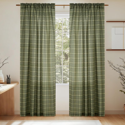 NICETOWN Rustic Grid Pattern Linen Light Filtering Plaid Curtains for Living Room Dining Room, Farmhouse Rod Pocket Back Tab Semi Sheer Window Curtains, 1 Pair