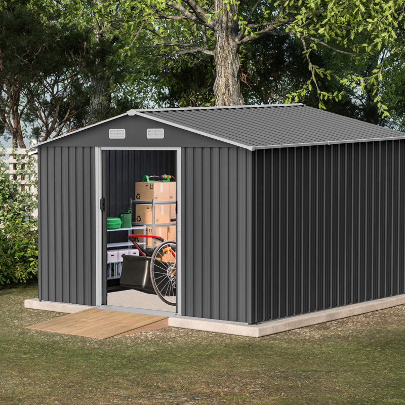10X8 Ft Grey Shed With Metal Build, Lockable Door For Backyard Outdoor Doors Storage, Gray, 122.54" H x 92.16" W x 74.16" D