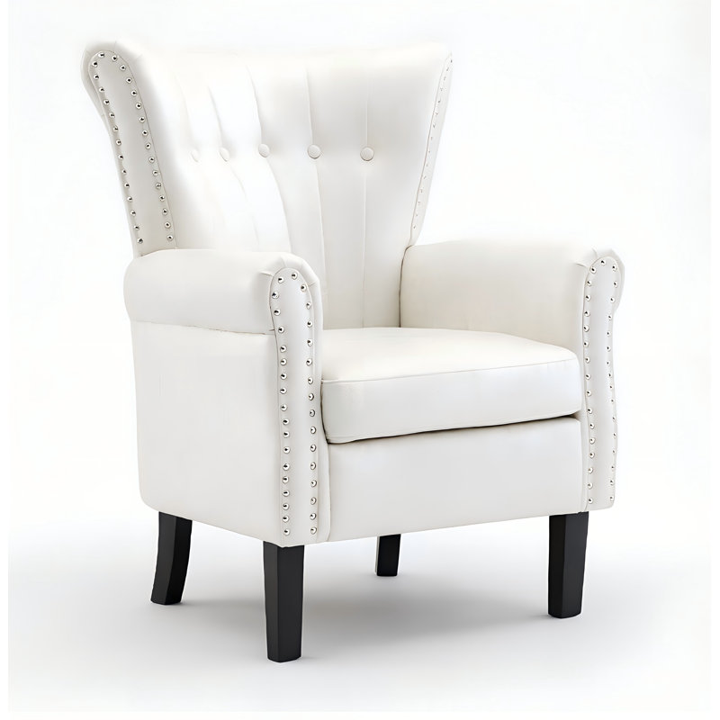 Velvet Accent Chair Upholstered Tufted Wingback With Nailhead Around For Room, White Faux Leather
